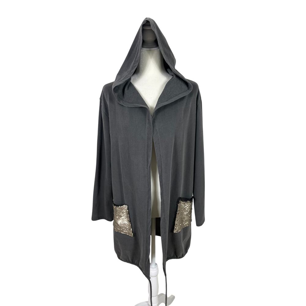 Tempo Paris Cotton Sequin Hooded Long Cardigan Gray Size S/M Boho Unique Whimsy